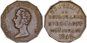 MEDALLAS
FRANCIA
AE-25. Fernando de Orleans (Duque) Medalla conmemorativa de su asesinato. Souvenir 13 Julio 1842. 5,21 g. MBC-