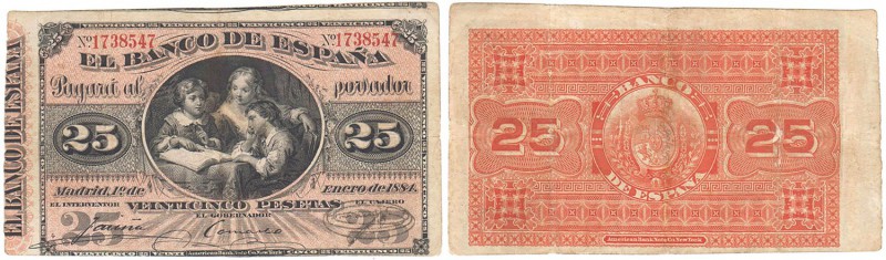 BILLETES
BANCO DE ESPAÑA
25 Pesetas. 1 Enero 1884. Lección de geografía. ED.28...