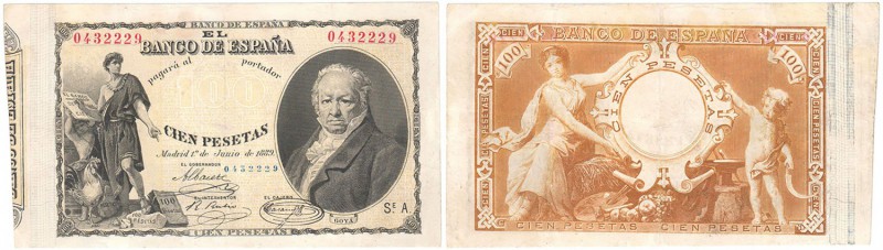 BILLETES
BANCO DE ESPAÑA
100 Pesetas. 1 Junio 1889. Goya. ED.299. Lavado y pla...