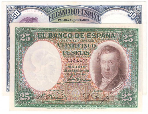 BILLETES
GUERRA CIVIL-ZONA REPUBLICANA, BANCO DE ESPAÑA
Lote de 2 billetes. 25...