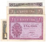 BILLETES
ESTADO ESPAÑOL, BANCO DE ESPAÑA
Lote de 4 billetes. Peseta 1937 serie E, Febrero 1938 serie B, Septiembre 1940 serie E y 1943 serie I. Come...
