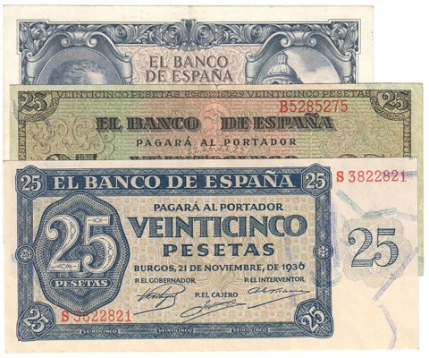 BILLETES
ESTADO ESPAÑOL, BANCO DE ESPAÑA
Lote de 3 billetes. 25 Pesetas 1936 s...