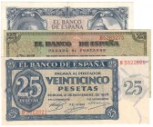 BILLETES
ESTADO ESPAÑOL, BANCO DE ESPAÑA
Lote de 3 billetes. 25 Pesetas 1936 serie S, 1938 serie B y 1940 serie E. Comercial. EBC a MBC