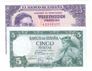 BILLETES
ESTADO ESPAÑOL, BANCO DE ESPAÑA
Lote de 2 billetes. 5 y 25 Pesetas 1954. Ambos con numeración capicúa. Curioso. EBC+