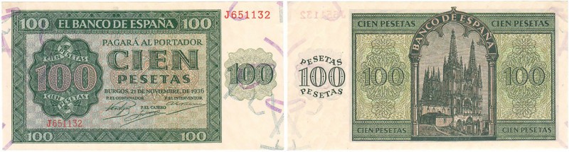 BILLETES
ESTADO ESPAÑOL, BANCO DE ESPAÑA
100 Pesetas. Burgos, 21 Noviembre 193...