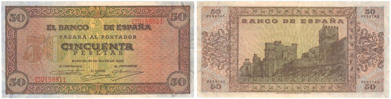 BILLETES
ESTADO ESPAÑOL, BANCO DE ESPAÑA
50 Pesetas. Burgos, 20 Mayo 1938. Ser...