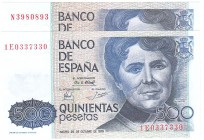 BILLETES
JUAN CARLOS I, BANCO DE ESPAÑA
500 Pesetas. 23 Octubre 1979. Serie. Lote de 2 billetes. Ambos con numeración capicúa. SC