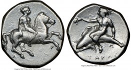 CALABRIA. Tarentum. Ca. 425-380 BC. AR stater or didrachm (21mm, 2h). NGC Choice VF. Ar- and So-, magistrates. Nude youth on horseback galloping right...