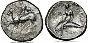 CALABRIA. Tarentum. Ca. 302-280 BC. AR didrachm or stater (22mm, 4h). NGC Fine. Philocles, Si- and Ly-, magistrates. Nude youth astride horse gallopin...