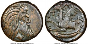 CIMMERIAN BOSPORUS. Panticapaeum. 4th century BC. AE (21mm, 11h). NGC VF. Head of bearded Pan right / Π-A-N, forepart of griffin left, sturgeon left b...