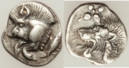 MYSIA. Cyzicus. Ca. 5th century BC. AR hemiobol (9mm, 0.42 gm, 9h). XF. Forepart of boar left, tunny upward behind / Head of lion left; star in upper ...