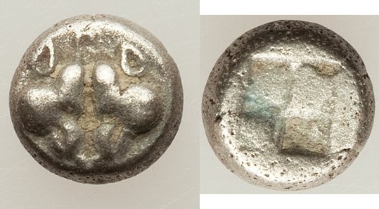 LESBOS. Uncertain mint. Ca. 500-450 BC. AR hemiobol (6mm, 0.61 gm). Fine. Confro...