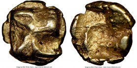 IONIA. Uncertain mint. Ca. 625-550 BC. EL 1/24 stater or myshemihecte (6mm). NGC Choice VF. Raised tetraskelion pattern / Incuse tetraskelion pattern ...