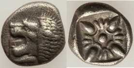 IONIA. Miletus. Ca. late 6th-5th centuries BC. AR 1/12 stater or obol (10mm, 1.11 gm). Choice VF, porosity. Milesian standard. Forepart of roaring lio...