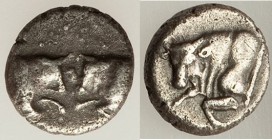 CARIA. Uncertain mint. 5th century BC. AR hemiobol (8mm, 0.45 gm, 7h). Choice Fine. Confronted foreparts of two bulls / Forepart of bull left. SNG Kay...