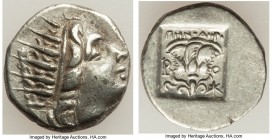 CARIAN ISLANDS. Rhodes. Ca. 88-84 BC. AR drachm (15mm, 2.46 gm, 12h). Choice VF. 'Plinthophoric' coinage, Menodorus, magistrate. Radiate head of Helio...