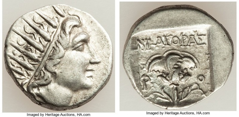 CARIAN ISLANDS. Rhodes. Ca. 88-84 BC. AR drachm (15mm, 2.24 gm, 11h). XF. Plinth...