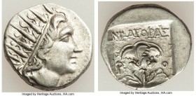 CARIAN ISLANDS. Rhodes. Ca. 88-84 BC. AR drachm (15mm, 2.24 gm, 11h). XF. Plinthophoric standard, Nicagoras, magistrate. Radiate head of Helios right ...