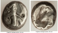 ACHAEMENID PERSIA. Darius I-Xerxes II (ca. 485-480 BC). AR siglos (15mm, 5.54 gm). VF, countermarks. Sardes. Persian king or hero, wearing cidaris and...