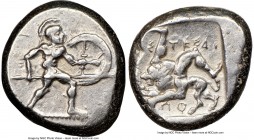 PAMPHYLIA. Aspendus. Ca. mid-5th century BC. AR stater (21mm, 6h). NGC XF. Helmeted nude hoplite warrior advancing right, shield in left hand, spear f...
