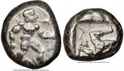 PAMPHYLIA. Aspendus. Ca. mid-5th century BC. AR stater (18mm, 1h). NGC Choice VF. Ca. 460-420 BC. Helmeted, nude hoplite advancing right, spear in rig...