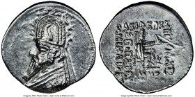 PARTHIAN KINGDOM. Sinatruces (ca. 93-69 BC). AR drachm (21mm, 11h). NGC AU. Rhagae. Diademed bust of Sinatruces left, wearing tiara ornamented with ho...