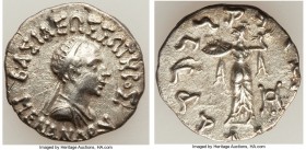 INDO-GREEK KINGDOMS. Bactria. Menander I Soter (ca. 155-130 BC). AR Indic drachm (17mm, 2.32 gm, 11h). AU. Uncertain mint in the Paropamisadai or Gand...