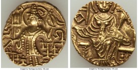 INDIA. Kidarite Huns. Peroz (ca. AD 345-350). AV dinar (21mm, 7.75gm, 12h). XF. Gandhara. Peroz standing facing, head left, sacrificing over altar wit...