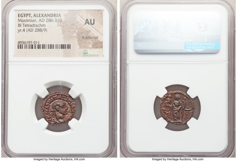 EGYPT. Alexandria. Maximian (AD 286-310). BI tetradrachm (19mm, 12h). NGC AU, li...