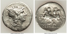 C. Servilius M.f. (ca. 136 BC). AR denarius (20mm, 3.73 gm, 6h). VF. Rome. ROMA, head of Roma right, wearing winged helmet decorated with griffin cres...