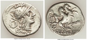T. Cloelius (ca. 128 BC). AR denarius (21mm, 3.84 gm, 4h). About VF. Rome. ROMA, helmeted head of Roma right; wreath behind / T CLOVLI, Victory, holdi...