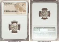 M. Papirius Carbo (122 BC). AR denarius. (18mm, 5h). NGC VF. Rome. Head of Roma right in winged helmet decorated with griffin crest; X (mark of value)...
