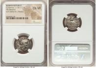 Q. Marcius (ca. 118-117 BC). AR denarius (20mm, 6h). NGC Choice VF. Rome. Helmeted head of Roma right with curl on left shoulder, X (mark of value) be...