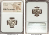L. Memmius (109-108 BC). AR denarius (20mm, 5h). NGC VF. Rome. Young male head right, wearing oak-wreath; X (mark of value) below chin / L • MEMMI, Di...