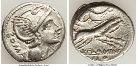 L. Flaminius Chilo (ca. 109-108 BC). AR denarius (19mm, 3.88 gm, 6h). VF. Rome. Helmeted head of Roma right, ROMA (downwards) behind, X before; dotted...
