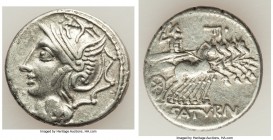 L. Appuleius Saturninus (ca. 104 BC). AR denarius (19mm, 3.87 gm, 9h). Choice VF. Rome. Head of Roma left, wearing winged helmet decorated with griffi...