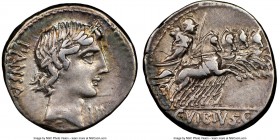 C. Vibius C. f. Pansa (ca. 90 BC). AR denarius (18mm, 5h). NGC Choice VF. Rome. PANSA, laureate head of Apollo right with flowing hair; III before / C...