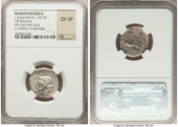 L. Julius Bursio (ca. 85 BC). AR denarius (22mm, 7h). NGC Choice VF. Rome. Laureate, winged, draped bust of Apollo Vejovis right, seen from front; tri...