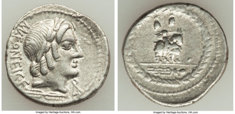 Mn. Fonteius C.f. (ca. 85 BC). AR denarius (20mm, 4.09 gm, 7h). Fine. Rome. MN•F...