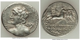 C. Licinius Macer (ca. 84 BC). AR denarius (21mm, 3.89 gm, 7h). VF. Rome. Bust of Apollo left, near shoulder draped, wearing taenia, seen from behind,...