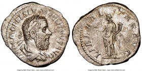 Macrinus (AD 217-218). AR denarius (20mm, 5h). NGC Choice XF. Rome. IMP C M OPEL SEV MACRINVS AVG, laureate, draped bust of Macrinus right, seen from ...