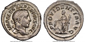 Severus Alexander (AD 222-235). AR denarius (21mm, 1h). NGC Choice AU. Rome. IMP ALEXANDER PIVS AVG, laureate bust of Severus Alexander right, seen fr...