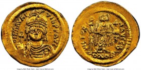 Maurice Tiberius (AD 582-602). AV solidus (22mm, 4.46 gm, 7h). NGC MS 5/5 - 3/5, clipped. Constantinople, 2nd officina. o N mAVRC-TIb PP AVG, draped a...