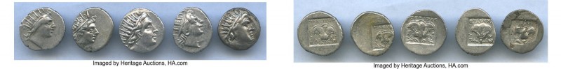 ANCIENT LOTS. Greek. Carian Islands. Rhodes. Ca. 88-84 BC. Lot of five (5) AR dr...