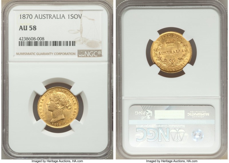 Victoria gold Sovereign 1870-SYDNEY AU58 NGC, Sydney mint, KM4. AGW 0.2353 oz. ...