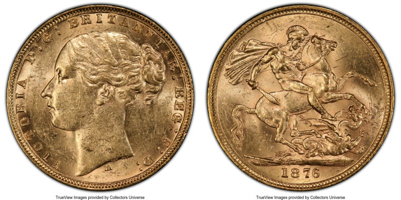 Victoria gold Sovereign 1876-M AU58 PCGS, Melbourne mint, KM7, S-3857. 

HID09...