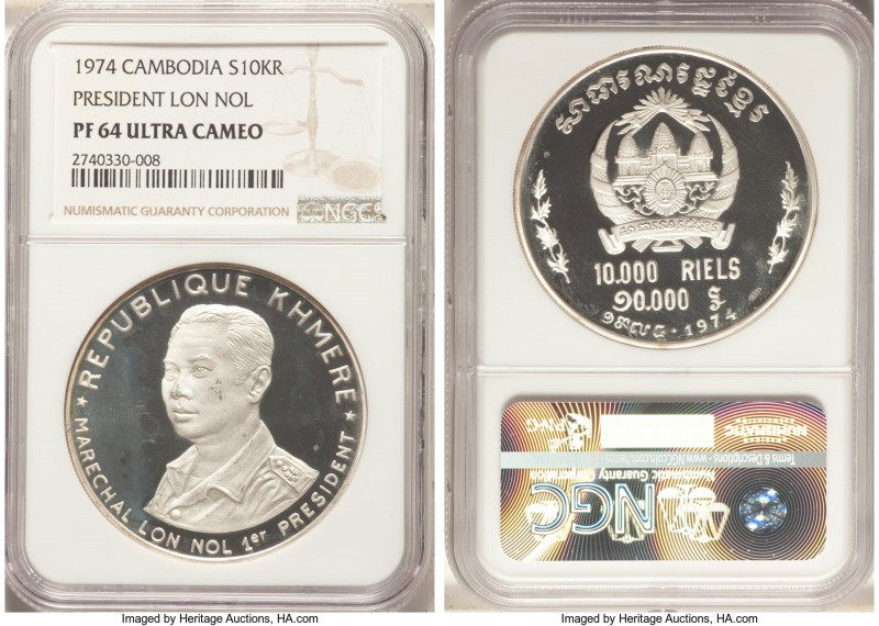 Republic Proof 10000 Riels 1974 PR64 Ultra Cameo NGC, KM62. President Lon Nol.
...