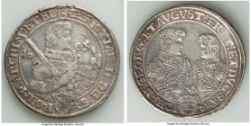 Saxony. Christian II, Johann Georg, & August Taler 1605-HR VF (Mount Removed), Dresden mint, KM24, Dav-7566. 39.3mm. 28.77gm. Dealer tag included. 
...