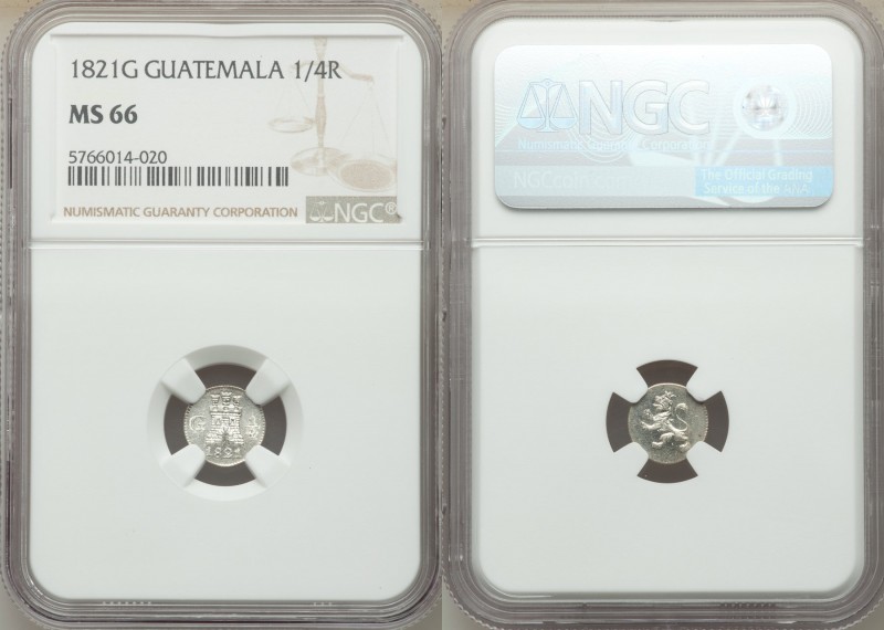 Ferdinand VII 1/4 Real 1821-G MS66 NGC, Nueva Guatemala mint, KM72. 

HID09801...