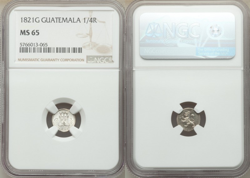 Ferdinand VII 1/4 Real 1821-G MS65 NGC, Nueva Guatemala mint, KM72. 

HID09801...